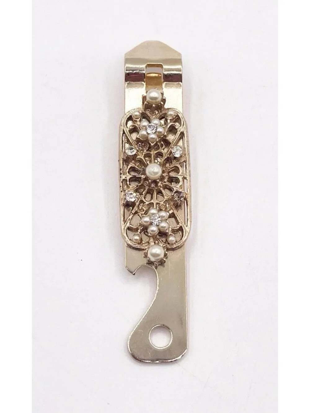 Vintage Vaughan USA Gold Tone Bottle Opener Faux Pearl Rhinestone Bar Tool MCM